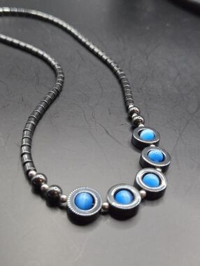 Y2K Hematite Beaded Necklace Blue Cabochon Minimalist Retro